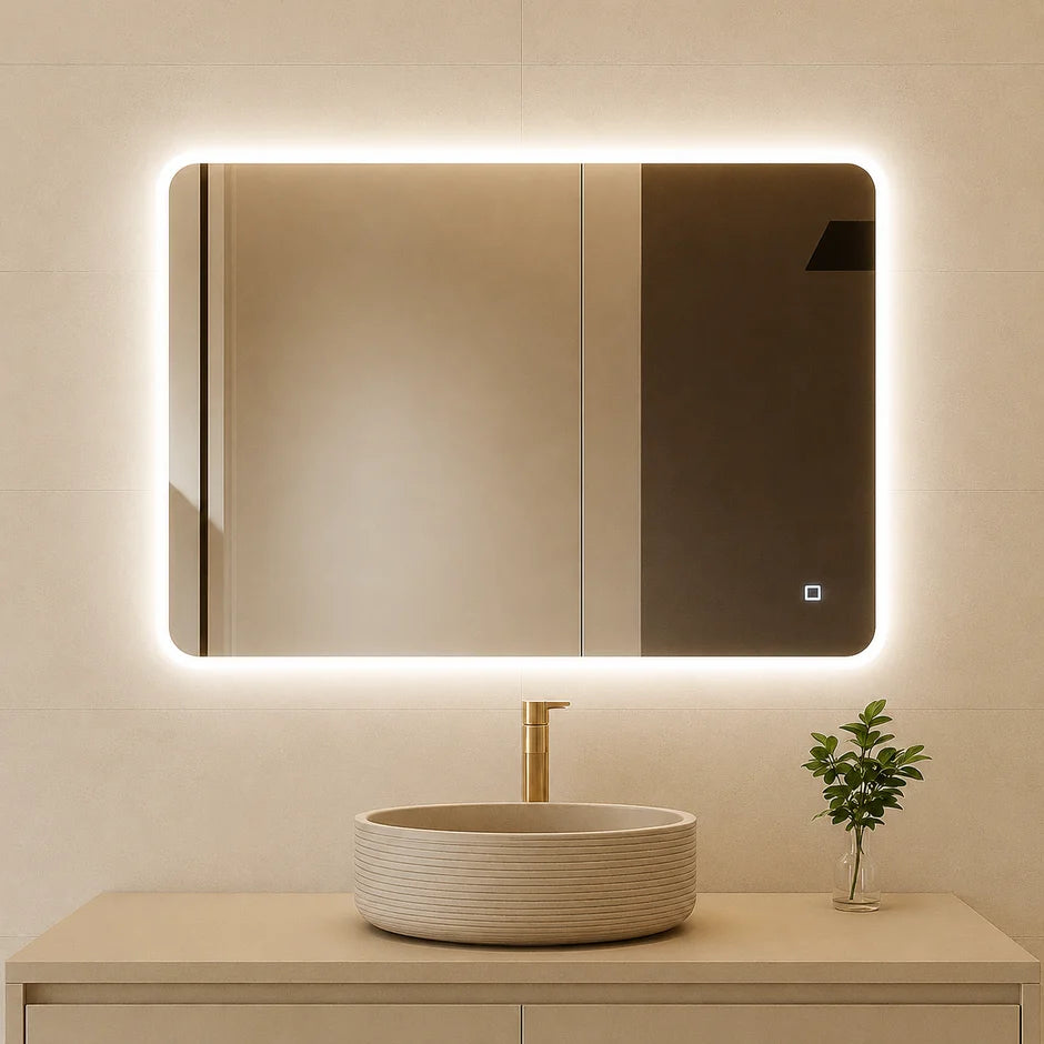 Miroir de salle de bain rectangulaire 80x60 avec LED, système antibuée et bordure sablée