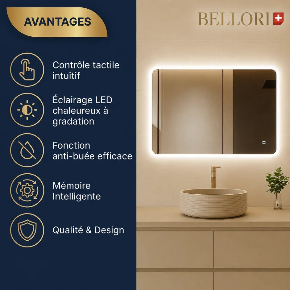 Miroir de salle de bain rectangulaire 80x60 avec LED, système antibuée et bordure sablée