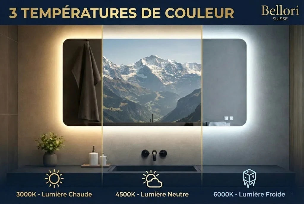 Miroir de salle de bain rectangulaire 80x60 avec LED, système antibuée et bordure sablée