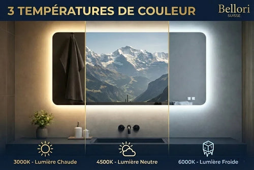 Miroir de salle de bain rectangulaire 80x60 avec LED, système antibuée et bordure sablée